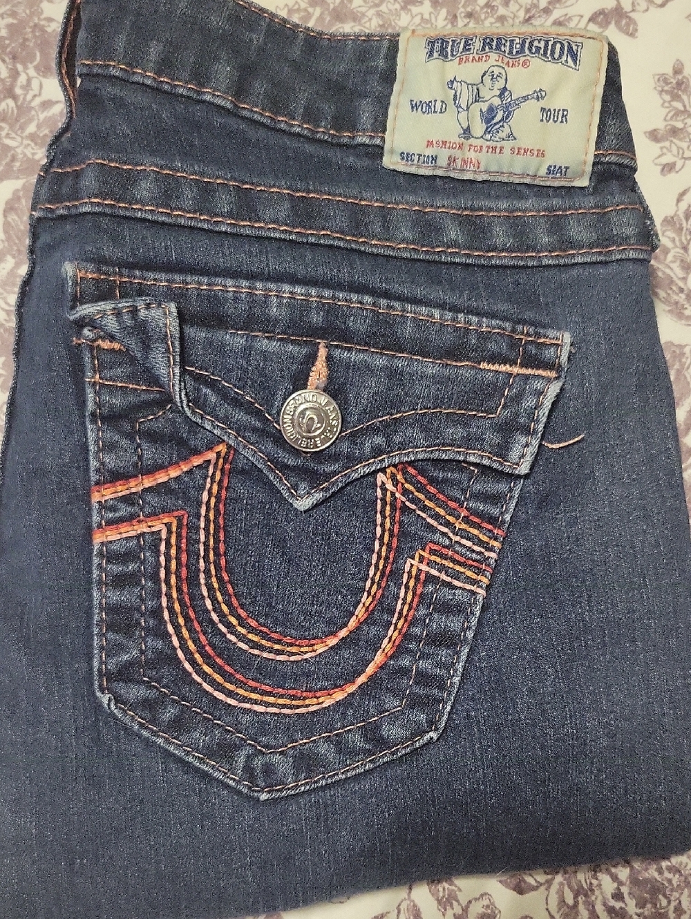 True Religion Women’s Dark Blue Skinny Jeans Strechywith Orange & Pink Stitching